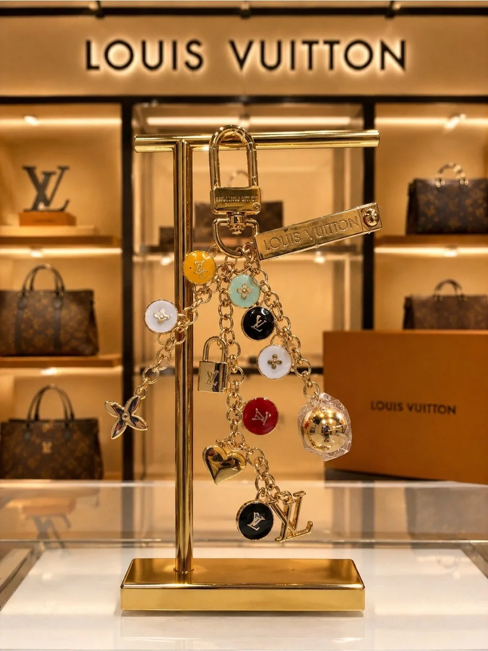 Louis Vuitton stamped Gold-Tone Multicolor Charm Keychain/ bag charmEnamel Discs